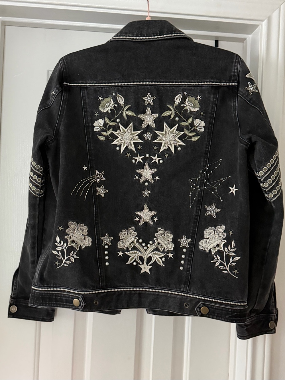 Spell Black Embroidered Beaded Denim Jacket size Small Boyfriend cut - Picture 2 of 13
